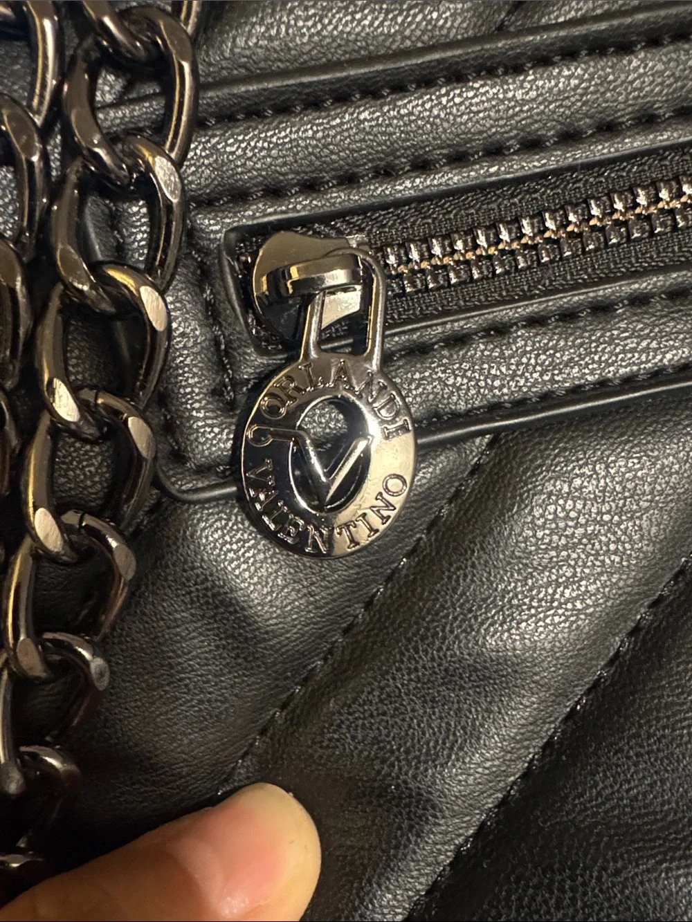 Valentino Orlandi Black Quilted Crossbody with Silver-Tone V Turn-Lock
